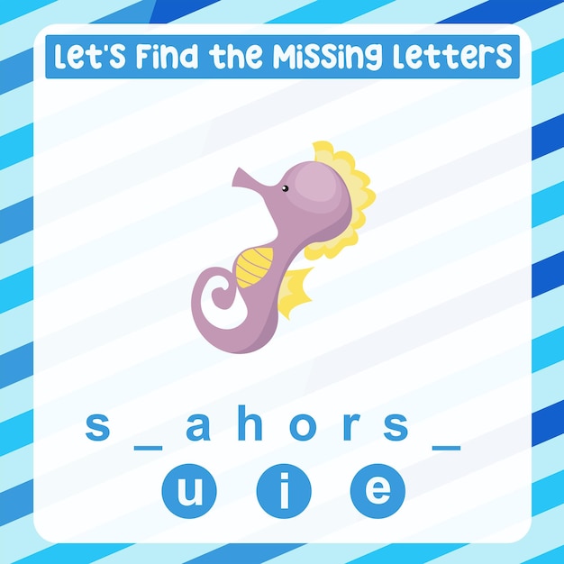 Vector missing letter worksheet. complete the letters for sea animal name in english. kids educational game