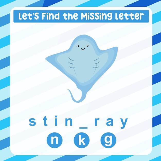 Missing letter worksheet. Complete the letters for sea animal name in English. Kids educational game