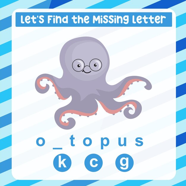 Missing letter worksheet. Complete the letters for sea animal name in English. Kids educational game