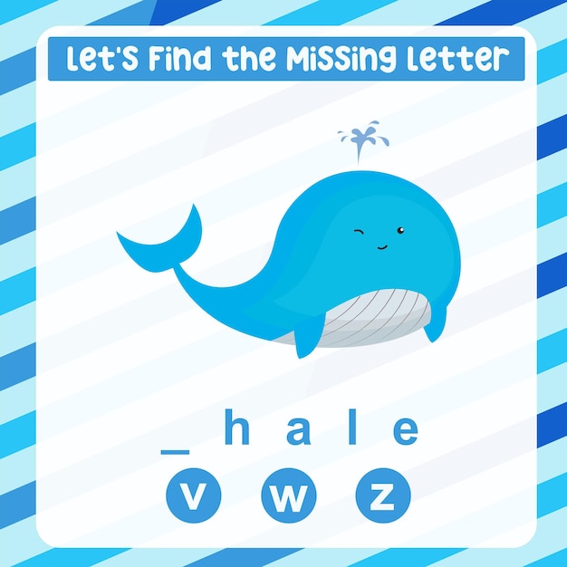 Missing letter worksheet. Complete the letters for sea animal name in English. Kids educational game