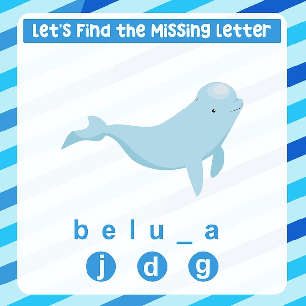 Missing letter worksheet. Complete the letters for sea animal name in English. Kids educational game