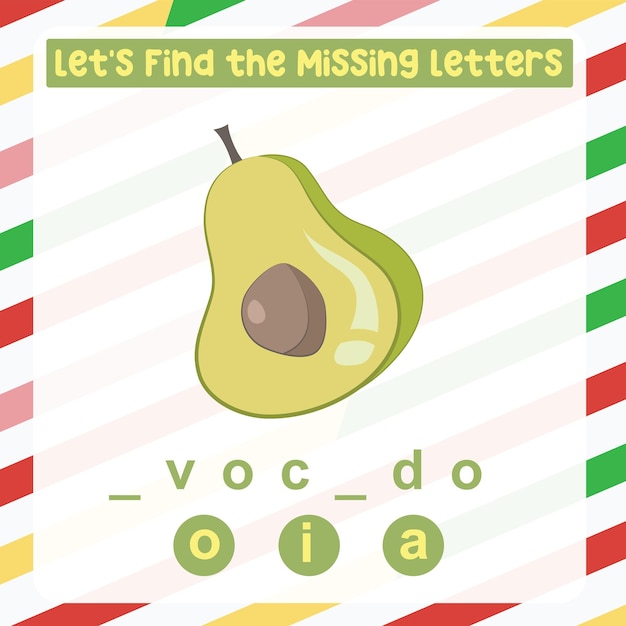 Missing letter worksheet. Complete the letters for tropical fruit name in English. Kids educational