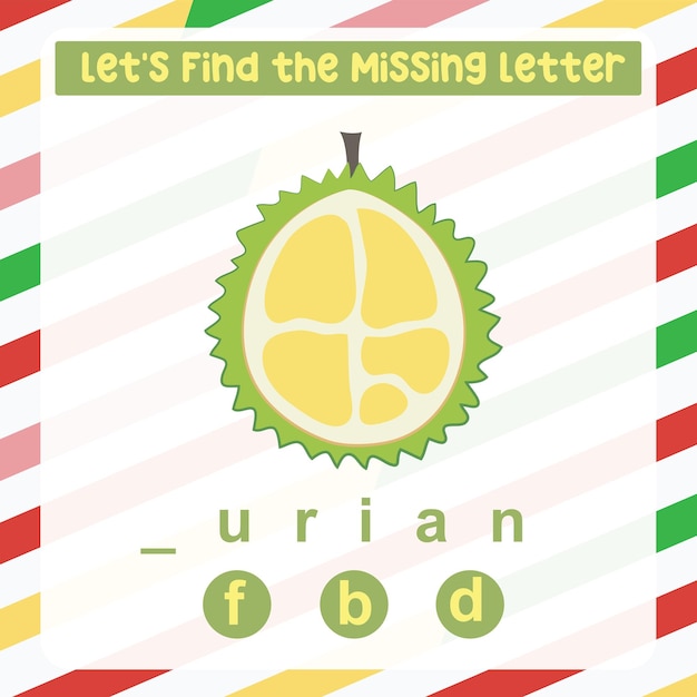 Missing letter worksheet. Complete the letters for tropical fruit name in English. Kids educational