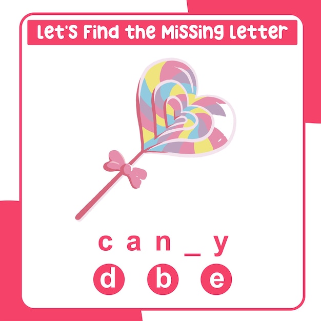 Missing letter worksheet. Complete the letters for valentine things in English. Writing practice.