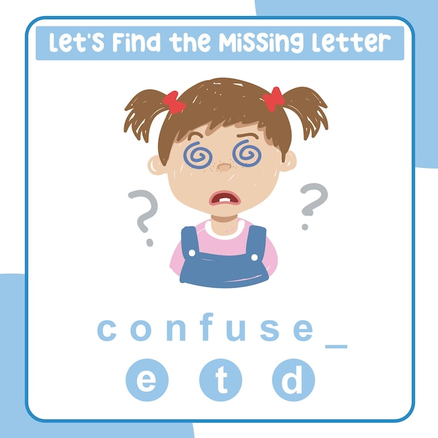 Missing letter worksheet. Learning feeling vocabulary in English. Writing practice. Vector file.