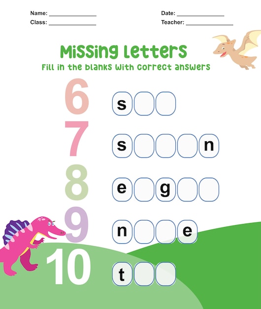 Missing letters worksheet. Complete the letters for number in English. Kids educational game.