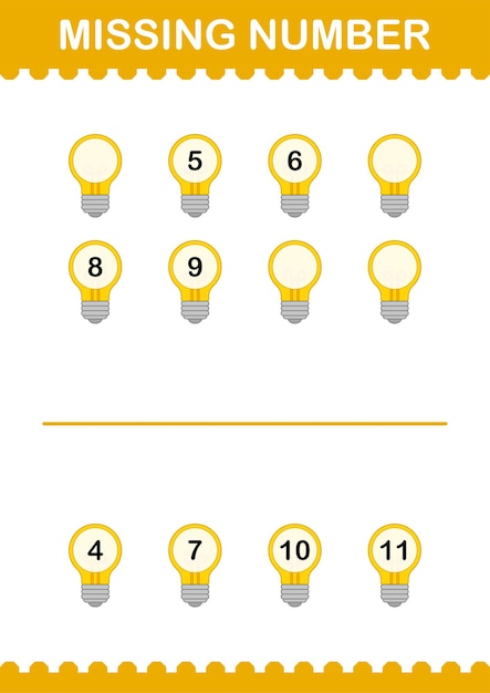 Numero mancante con il foglio di lavoro della lampadina per bambini