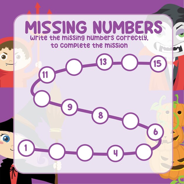 Missing numbers. Write the answer correctly. Educational printable math worksheet. Vector file.