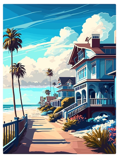 Mission beach california vintage travel poster souvenir postcard portrait painting wpa illustration