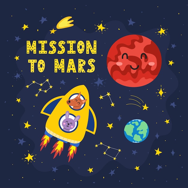 Mission to Mars print with cute animals flying in rocket Funny card in cartoon style with starts