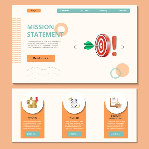 Mission statement flat landing page website template revenue timeline product discription web banner