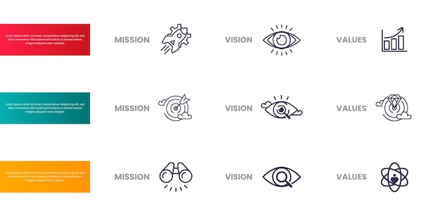 Vector mission vision and values company infographic banner template modern flat icon design set