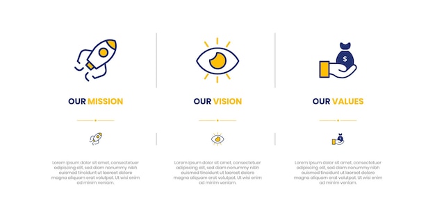 Mission Vision and Values of company with text Company infographic Banner template Modern flat icon