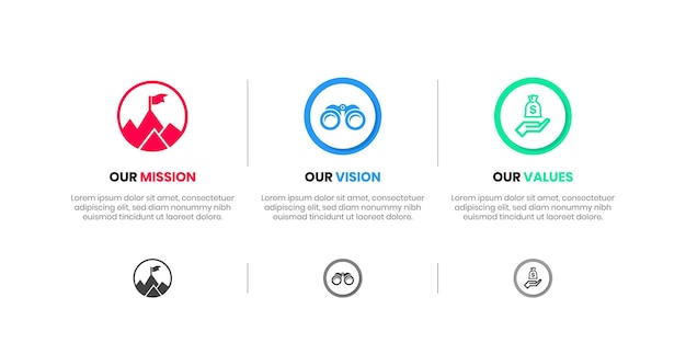 Mission Vision Values infographic Banner template Company goal infographic design with Modern flat icon design vector illustration infographic icon design banner