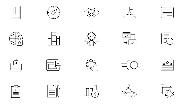 Mission vision and values line icon set Power Quality Relationships icon pack