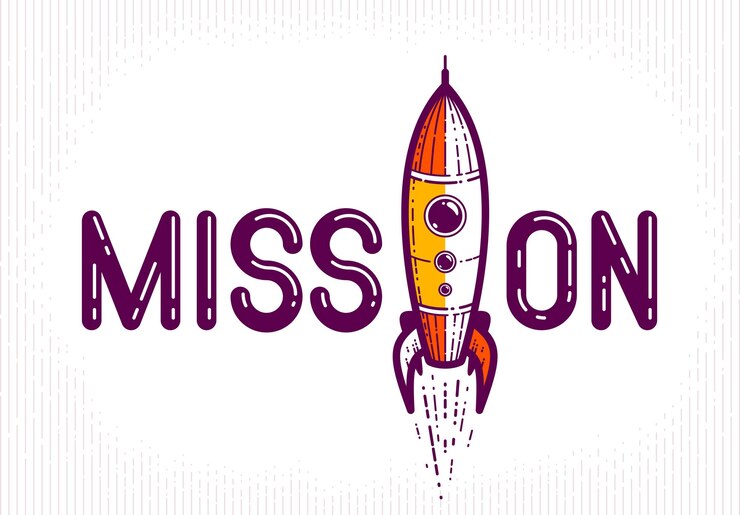Vector mission word with rocket instead of letter i, science and business concept, vector conceptual creative logo or poster made with special font.