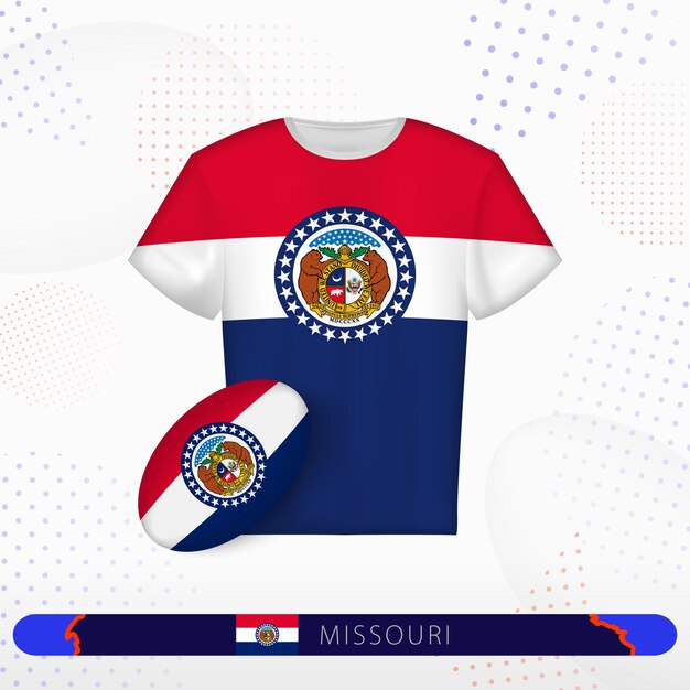 Vettore maglia da rugby del missouri con pallone da rugby del missouri su sfondo sportivo astratto