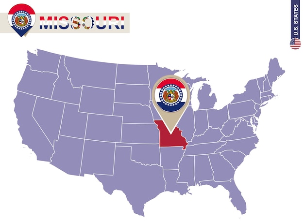 Missouri State op de kaart van de V.S. Vlag en kaart van Missouri. Amerikaanse staten.