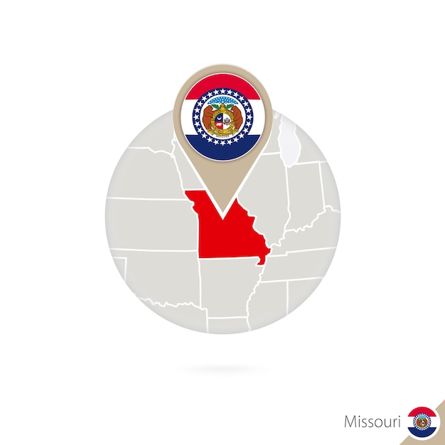 Missouri US State map and flag in circle. Map of Missouri, Missouri flag pin. Map of Missouri in the style of the globe. Vector Illustration.