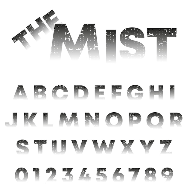 The Mist alphabet template Letters and numbers with grunge texture Vector illustration