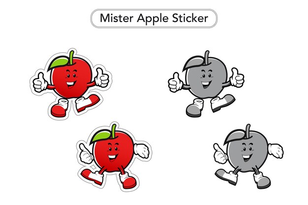 Mister apple sticker. apple mascot vector. apple fruit colorful clip art. black and white mascot.