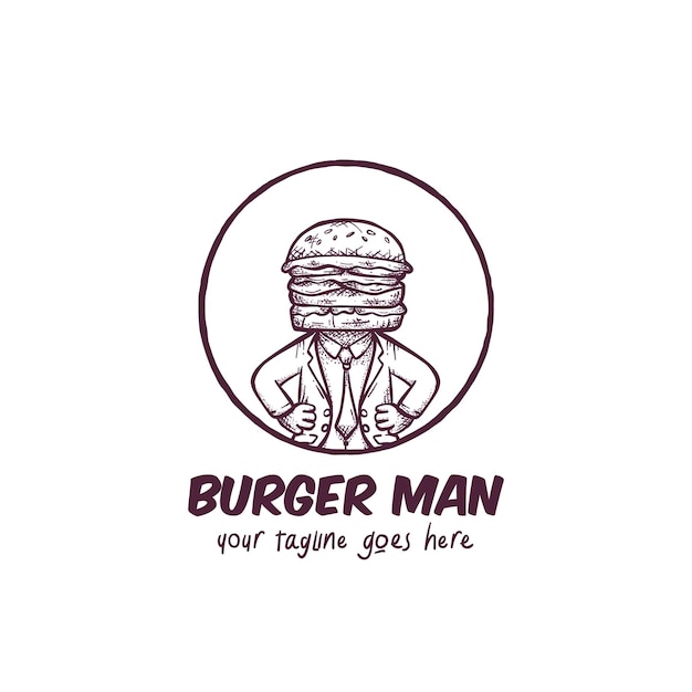 Mister burger vector logo met vintage schets stijl illustratie pak overhemd en stropdas dragen