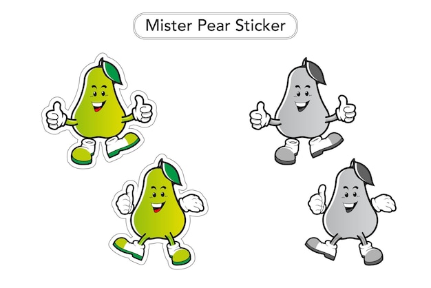 Mister Pear Sticker. Pear Mascot Vector. Pear Fruit colorful Clip art. Black and white Mascot.