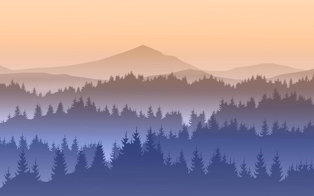Mistige berg bos silhouet vector landschap illustratie