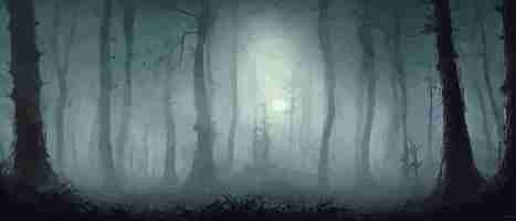 Vector misty bos donkere boom silhouet boom trucs in de blauwe mist mist in de nacht bos vector