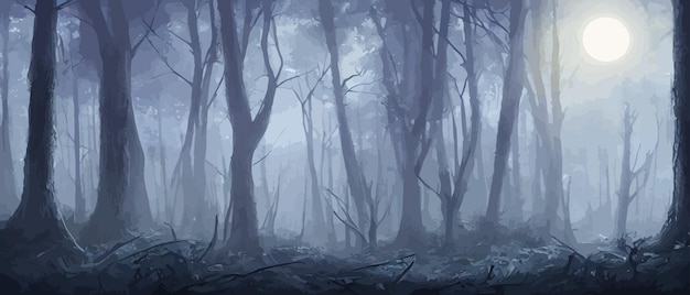 Misty forest dark tree silhouette tree tricks in the blue mist fog in the night forest vector