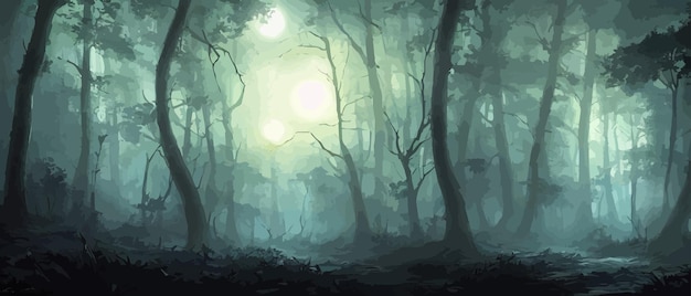 Vector misty forest dark tree silhouette tree tricks in the blue mist fog in the night forest vector