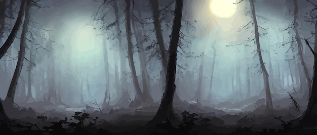 Vettore bosco nebbioso albero scuro silhouette albero trucchi nella nebbia blu nebbia nella notte vettore foresta