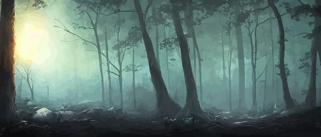 Vector misty forest dark tree silhouette tree tricks in the blue mist fog in the night forest vector