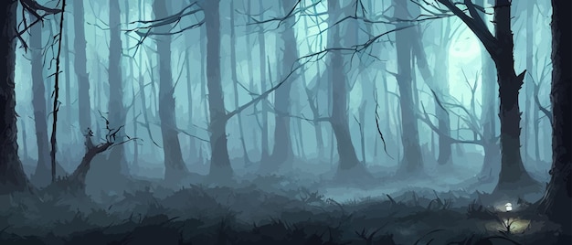 Misty forest dark tree silhouette tree tricks in the blue mist fog in the night forest vector