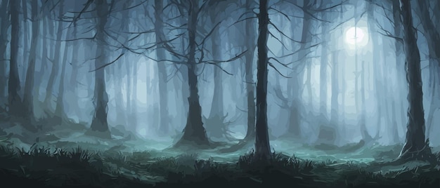 Misty forest dark tree silhouette tree tricks in the blue mist fog in the night forest vector