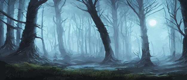 Vector misty forest dark tree silhouette tree tricks in the blue mist fog in the night forest vector