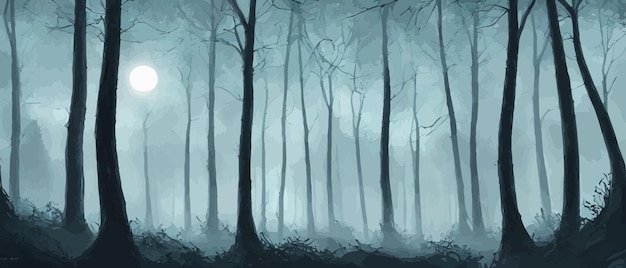 Vettore bosco nebbioso albero scuro silhouette albero trucchi nella nebbia blu nebbia nella notte vettore foresta