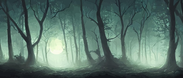 Vector misty forest dark tree silhouette tree tricks in the blue mist fog in the night forest vector