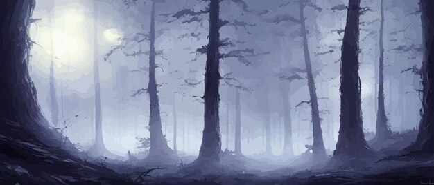 Вектор Туманный лес темный дерево силуэт дерево трюки в синем тумане туман в ночном лесу вектор