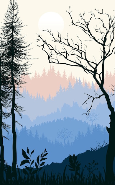 Misty Forest Landscape with Silhouette Trees