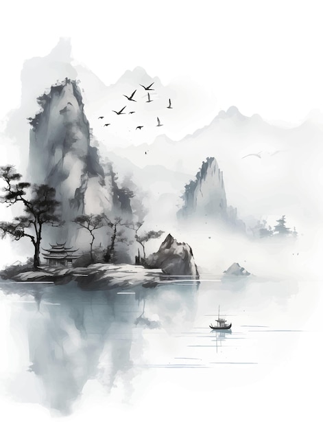 Misty Mountain Landscape withTraditional Boat and Flock of Birds in Ink