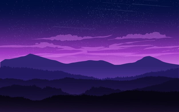 misty mountain night landscape with clouds