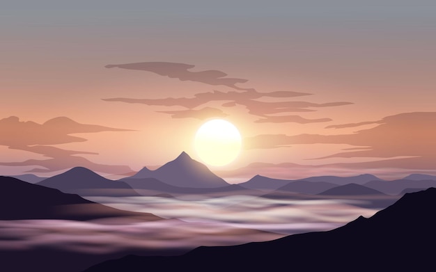 Vector misty mountain sunrise landscape