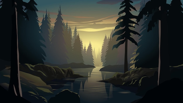 Vector misty pine forest landscape with river sunset in woodland