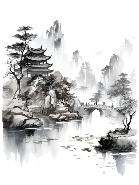 Vector misty traditional chinese landscape ink painting with pagoda