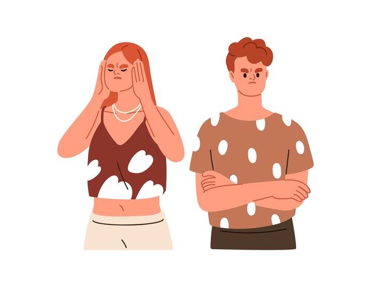 Vector misunderstanding in couple relationship angry upset woman and man in conflict crisis problem disagreement miscommunication concept flat graphic vector illustration isolated on white background