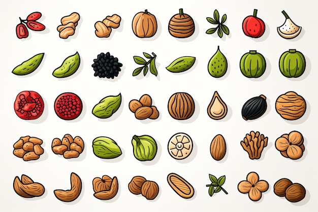 Vector mix of different nuts with leaves isolated on white background flat lay pattern top view