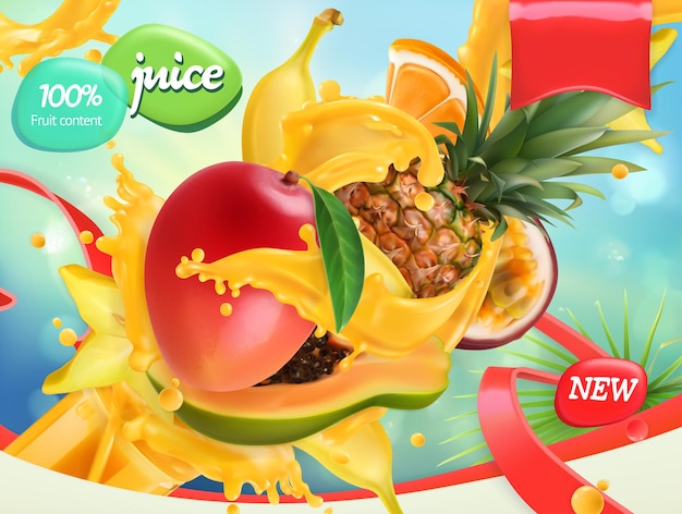 Смешайте фрукты. всплеск сока. манго, банан, ананас, папайя. реалистичный, дизайн упаковки
