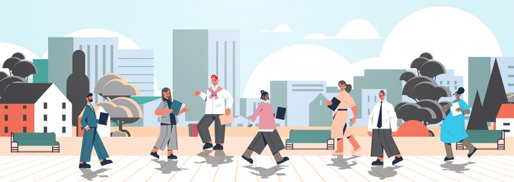 Vector mix race businesspeople with folders walking outdoor business people office workers in casual clothes