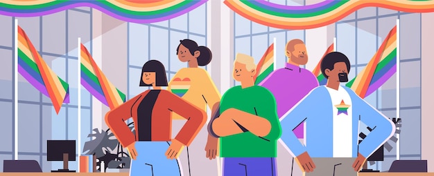 LGBT 무지개 깃발 게이 레즈비언 사랑 퍼레이드 자부심 축제 트랜스젠더 사랑 개념 현대 사무실 인테리어와 혼합 인종 사업가
